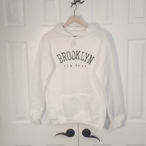 Brooklyn New York white women's hoodie with kangaroo pocket